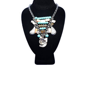 NWT Signed J Chunky Statement Bib Necklace Shell Turquoise Bead Beach Mermaid Bo